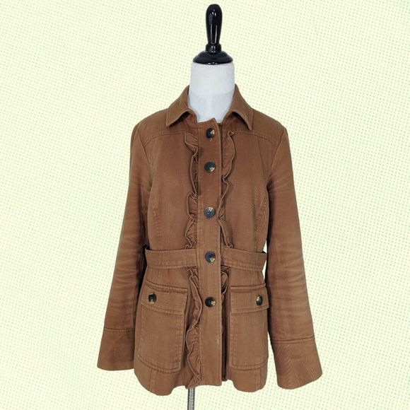 Tabitha 8‎ Retro Brown Canvas Ruffle Button Front Peacoat Pockets Anthropologie - Picture 1 of 6